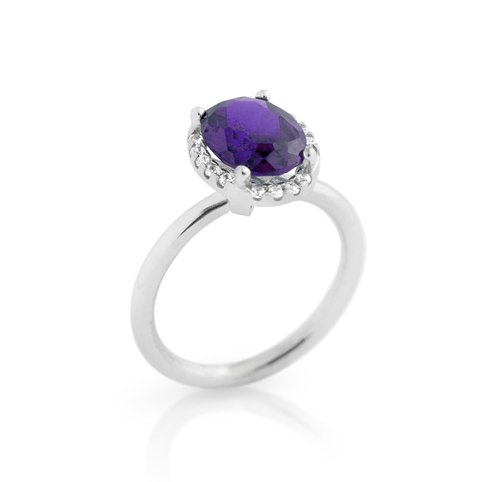 RHODIUM PLATED PURPLE OVAL CZ RING WITH SURROUNDING (1 of 2)