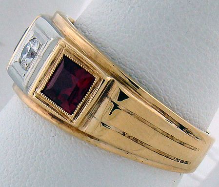 MENS 14KT ESTATE DIAMOND AND RUBY RING - 2
