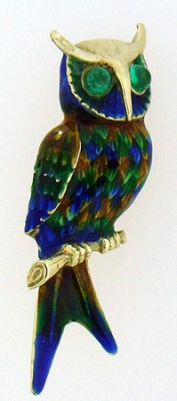 VINTAGE 14KT GOLD ENAMELED OWL PIN 5.4 DWT