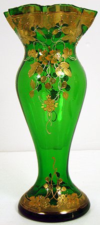 LOVELY BOHEMIAN FLARED EMERALD GLASS VASE GOLD ACC