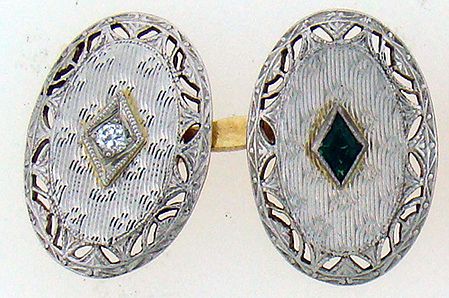 18KT W.G ART DECO DIAMOND AND EMERALD CUFFLINKS - 2
