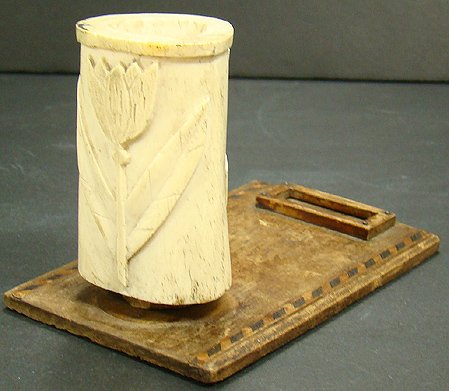 ANTIQUE IVORY FOLK ART MATCH HOLDER