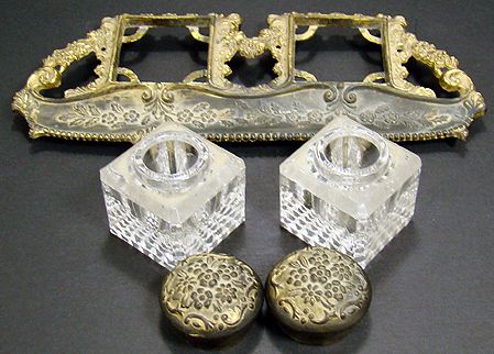 BRASS AND GLASS DOUBLE INK WELL - 2