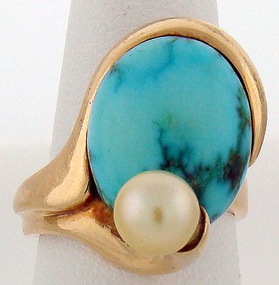 14KT Y.G. TURQUOISE AND PEARL RING