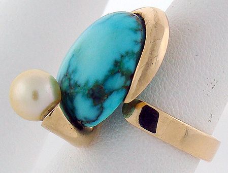 14KT Y.G. TURQUOISE AND PEARL RING - 2