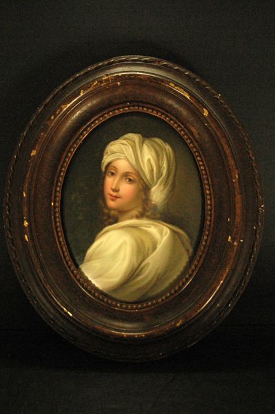 LARGE KPM HAND PAINTED PLAQUE OF QUEEN BEATRICE: QUEEN BEATRICE OF THE NEATHERLANDS, APROX 7" OVAL HAND PAINTED,WITH SCEPTRE MARK, WITH A STICKER HENRY BUCKER, EXCELLENT CONDITION EXCELLENT CONDITION, SHIPPING WITH INS TO BE $40, NOTE WE DO NOT ACCE