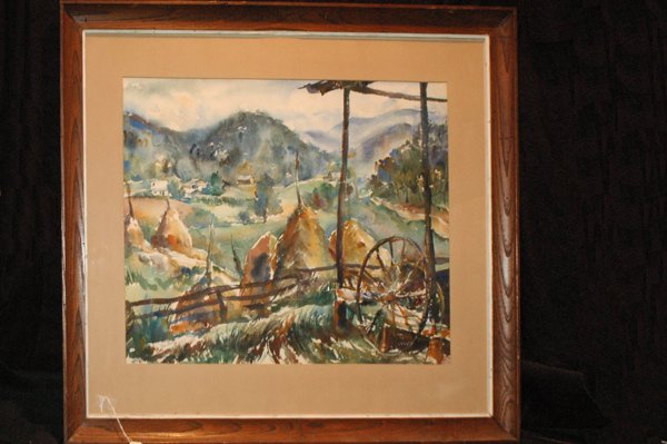 WATERCOLOR OF A PRAIRIE LANDSCAPE W/HAYSTCKS BY S: SIGNED BEN SHUTE NOTED AMERICAN WESTERN PAINTER 16 X 22 PLUS FRAME,EXCELLENT SHIPPING WITH INS TO BE $60 , NOTE WE DO NOT ACCEPT PAYPAL FOR PAYMENT