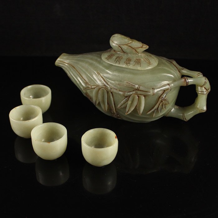 A Set Chinese Qing Dy Hetian Jade Bamboo Shaped Teapot (1 of 10)