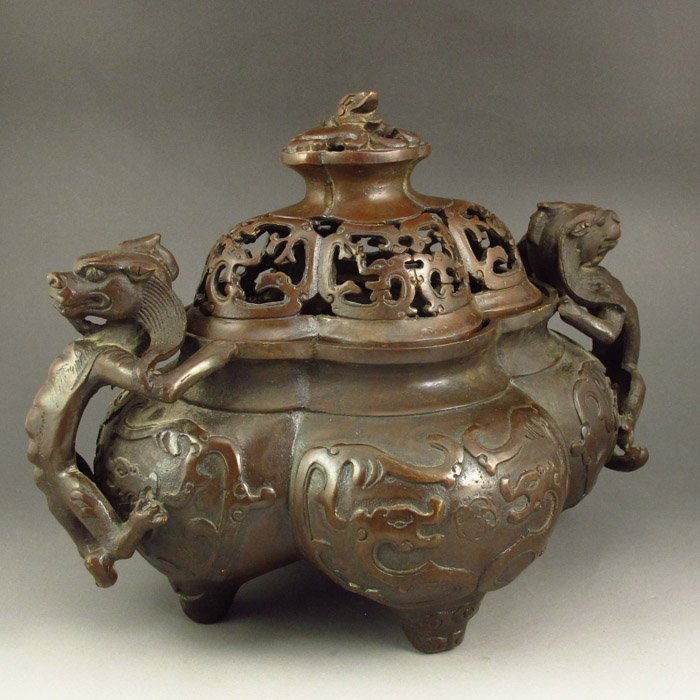 Chinese Bronze Double Ears Incense Burner w Mark (1 of 8)