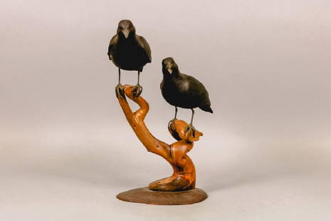 Harry McChesney Double Set of Crows, Montross,: VA, Hand Carved & Painted, Glass Eyes, Metal Legs, Mounted on Driftwood, Excellent Form, Overall 18.5"T x 10"W x 12"Deep, One Open Calling, Signed on Bottom, Est. 300-500