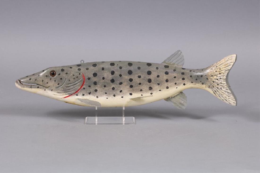George Aho 18" Carved Musky, Rapid City, MI,: Glass Eyes, Carved Tail & Metal Fins, Signed on Bottom, Dated 1984, Est. 200-250