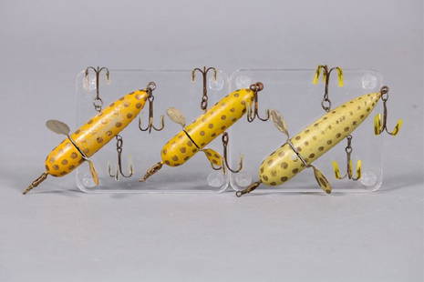 Lot of 3 Very Rare Hinckley Antique Fishing Lures: of Newark, New Jersey, 3 Different Large Sizes, Yellow Spotted, Pat. 1897, Bodies Measure 4.25", 3.75" & 3.25", Est. Market Determined