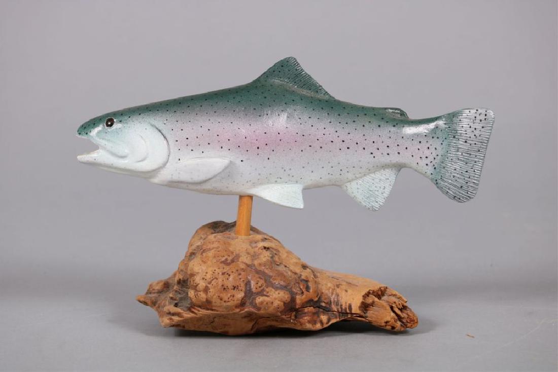 Rory Heckman 7.25" Rainbow Trout, Beulah, MI,: Hand Carved & Painted, Glass Eyes, Carved Tail & Fins, Excellent Condition, Mounted on Wooden Base, Est. Market Determined