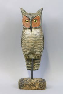 Mike Borrett Owl, Madison WI, Glass Eyes, Solid: Body, Mounted on Wooden Base, Excellent Condition, 21"T x 7"W, Est. 300-500