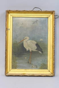 Early Original Framed Oil Painting on Canvas by: Unknown Artist, Scene Depicting Shorebird in Marsh, Great Detail with a few small paint flakes, Frame is 12"W x 16"T, Rob Beck Collection, Est. Market Determined