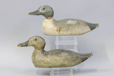 Pratt Pair of Blue winged Teal Duck Decoys,: Joliet, IL, Glass Eyes, Solid Bodies, Strong Original Paint, Drake missing neck filler and 1 paint flake on left side of body, Hen has just a couple wear areas, Otherwise this is a very strong pair, 1