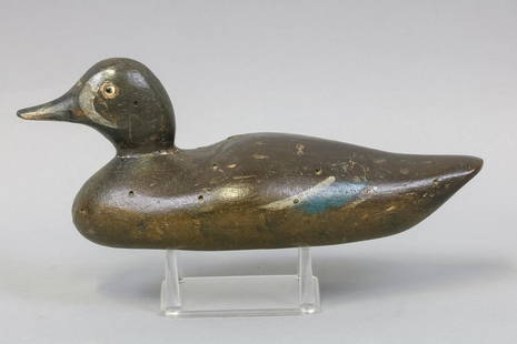 Early Mason Blue winged Teal Drake Duck Decoy,: Detroit MI, Standard Grade, Glass Eye, Strong Original Paint with Touch Up to Neck Area, Some Shot Marks, 12.5"L x Est. 600-800