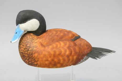 Michael F Guth Decorative Ruddy Duck Drake Decoy,: Metamora IL, Glass Eyes, Solid Body, Highly Detailed, Original Paint, Mint Condition, Individually Carved and Inserted Tail Feathers, Detailed Feathering on Back and Sides, Signed on Bottom, 11"L, Pro