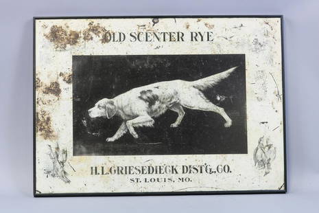 Vintage Tin Advertising Sign Promoting "Old: Scenter Rye" , by H.L. Griesedieck Dist'g, Co. St. Louis, MO, Scene Depicting Setter on Point, Original Condition with Some Rust Patina on Upper Left Corner, Otherwise Original Condition, Frame is 28"