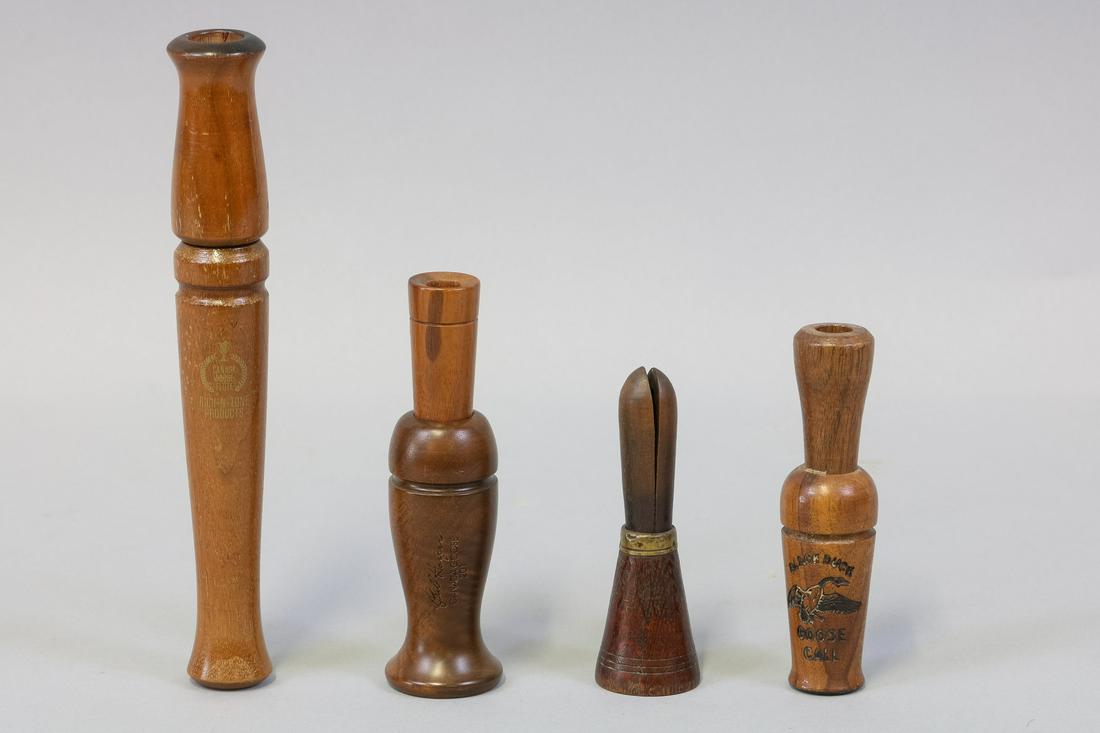 Lot of 4 Game Calls, Early Pincher Style Bell: Call 4.75" by Unknown Maker, Bill Harper 6" Goose Call Mdl. 201, RICH-N-TONE 9" Goose call, Black Duck Goose Call 5.25", Est. 300-400