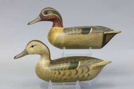 TJ Hooker Pair of Green Winged Teal Duck Decoys,: Crystal Lake IL, Glass Eyes, Hollow Bodies, Excellent Original Paint, Signed and Dated 1982, Branded TJ's Rig on Bottom, 12.5"L, Ron Soper Collection, Est. 300-500