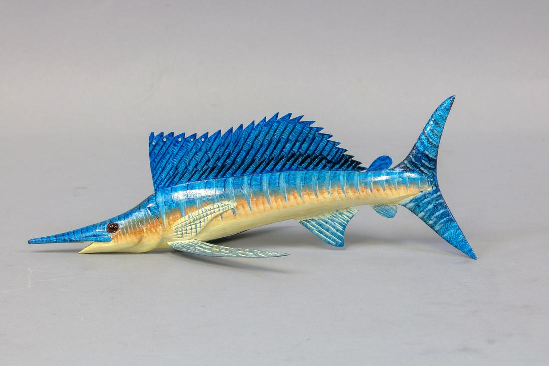 Carl Christiansen Sailfish Spearing Decoy,: Newberry, MI, 13"L, Glass Eyes, Carved Tail & Metal Fins, Signed & #2 on Bottom, Est. 200-250