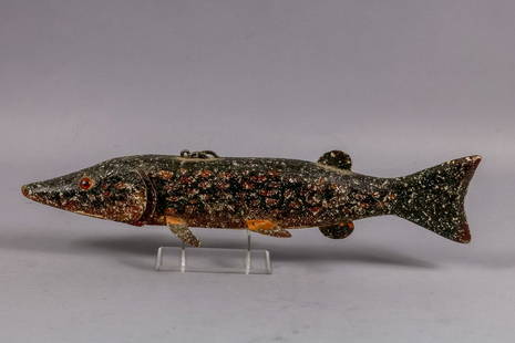 Dave Perkins 20"L Northern Pike Spearing Decoy,: DFD Deluth Fish Decoy, Glass Eyes, Carved Tail & Metal Fins, Est. 200-300