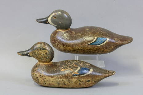 Mason pair of Bluewinged Teal Duck Decoys,: Detroit, MI, Standard Grade, Glass Eyes, Solid Bodies, Original Paint with Gunning Wear, 11.5"L, Est. Market Determined