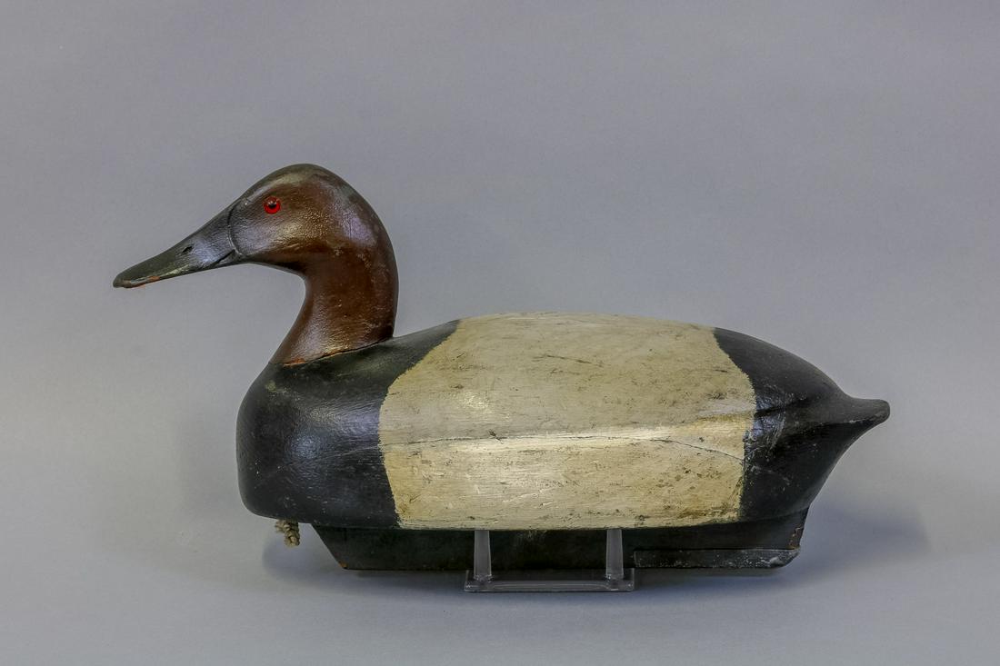 Joe Knittler Canvasback Drake Duck Decoy,: Wallaceburg, Ontario, Glass Eyes, Solid Body with tight body check on left side, Combination of Original & Working Paint, Great Carved Head Forms, Tight Crack in Bill, 16"L, Rob Beck Collection, Est. 