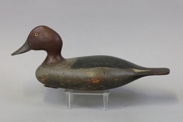 Stevens Redhead Drake Duck Decoy, Weedsport, NY,: Stevens Redhead Drake Duck Decoy, Weedsport, NY, Glass Eyes, Solid Body, Combination of Original & Restored Paint, some gunning wear but Overall Very Nice Decoy, C.B.P Brand on Bottom, 14.5"L, Est. 80