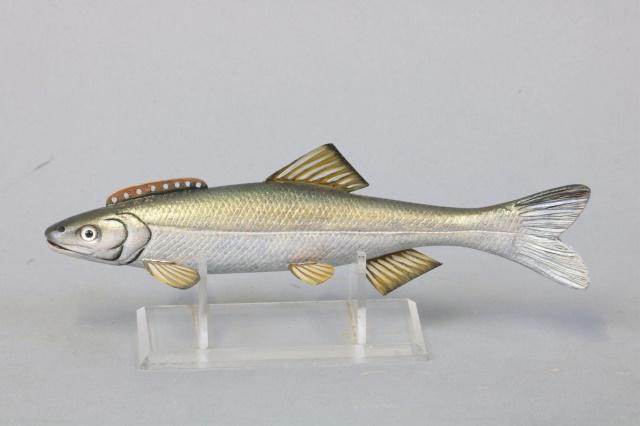 Sonny Bashore Smelt Spearing Decoy, Paulding,: Sonny Bashore Smelt Spearing Decoy, Paulding, Ohio, Glass Eyes, Carved Tail & Metal Fins, Excellent Original Paint & Very Detailed Scaling, Signed in Lead on Bottom, 8"L, Est. 300 - 500