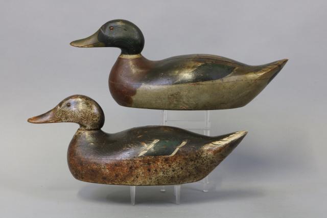 Mason pair of Mallard Duck Decoys, Detroit, MI,: Mason pair of Mallard Duck Decoys, Detroit, MI, Premier Grade, Glass Eyes, Hollow Bodies, Good Original Paint, Hen Has Professional Tail Repair with gunning wear & some shot marks on right rear side o