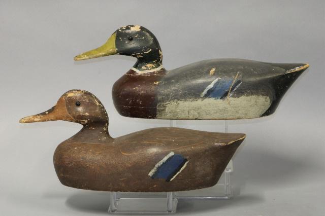 Early Walter Lowry pair of Mallard Duck Decoys, La: Early Walter Lowry pair of Mallard Duck Decoys, La Crosse, WI, Glass Eyes, Hollow Bodies, Dry Original Paint with areas of flaking & gunning wear, Drake has 1 small tail chip, Overall in Good Original