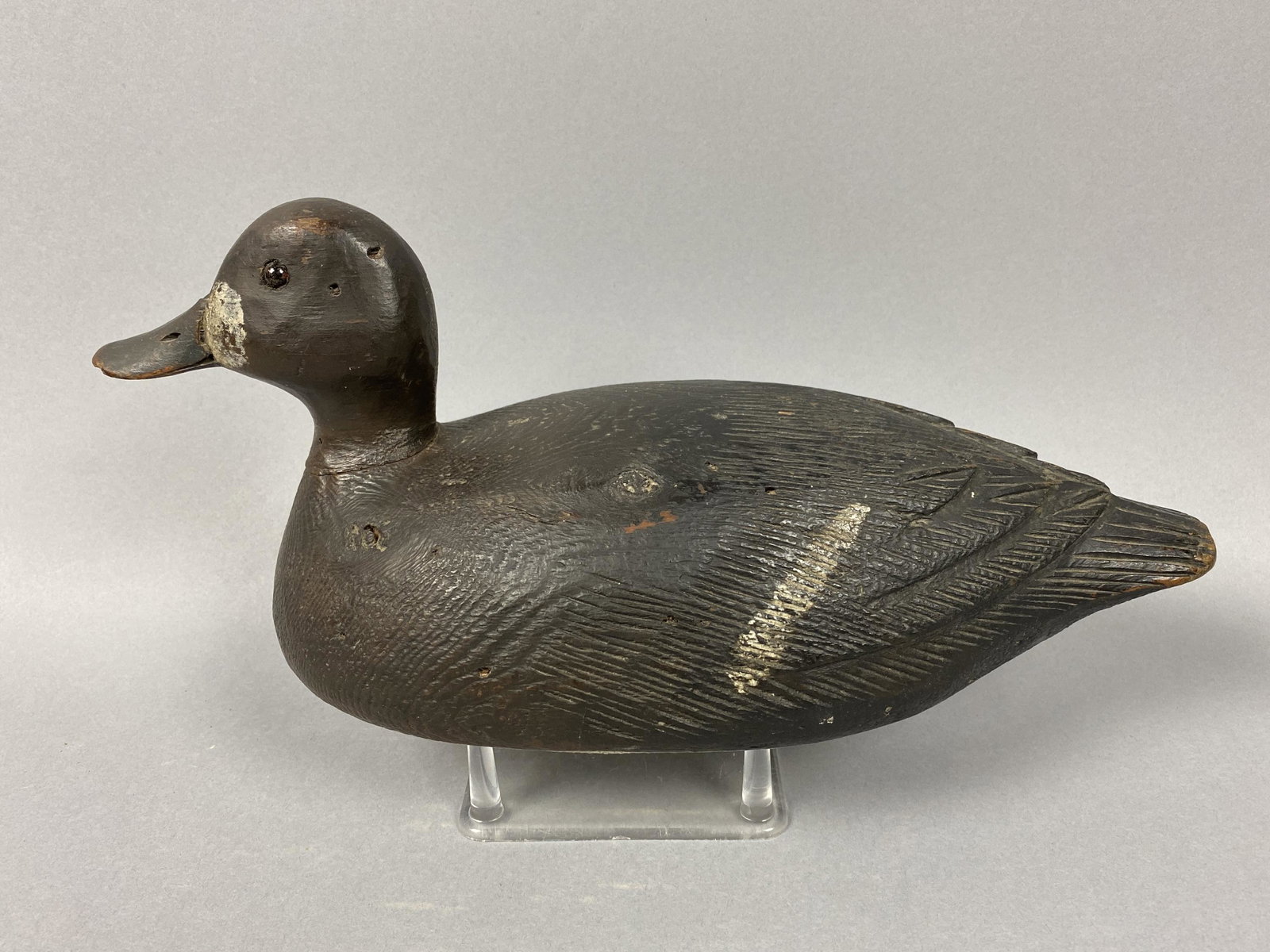 Early Quebec Bluebill Hen Duck Decoy carved by Henri: Early Quebec Bluebill Hen Duck Decoy carved by Henri Laviolette or Adrien Leduc, See Pierre Fidiadis' book on Quebec Decoys pg 193 & 360, Ca. 1900. glass eyes, solid body, excellent original paint, ni