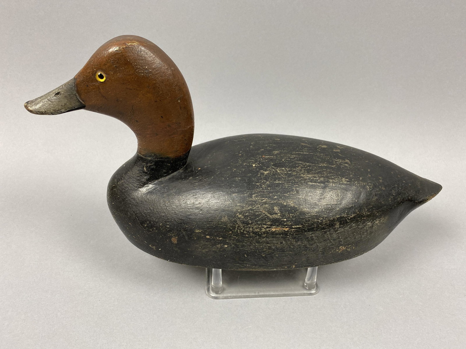 Tom Chambers Redhead Drake Duck Decoy, Toronto,: Tom Chambers Redhead Drake Duck Decoy, Toronto, Ontario, glass eyes, hollow body, combination of original and old working paint with light gunning wear, tight old neck repair, nice profile, 15"L, Est.