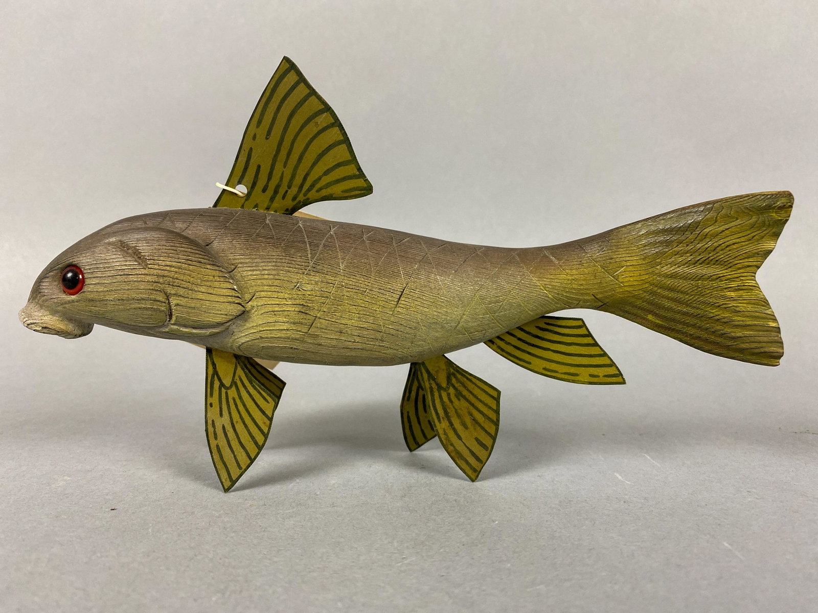 Dave Kober Hand Carved White Sucker Fish Spearing: Dave Kober Hand Carved White Sucker Fish Spearing Decoy, Cadillac, MI, glass eyes, relief carved gills & mouth, curved carved tail & metal fins, great form, excellent original paint, numbered with ori