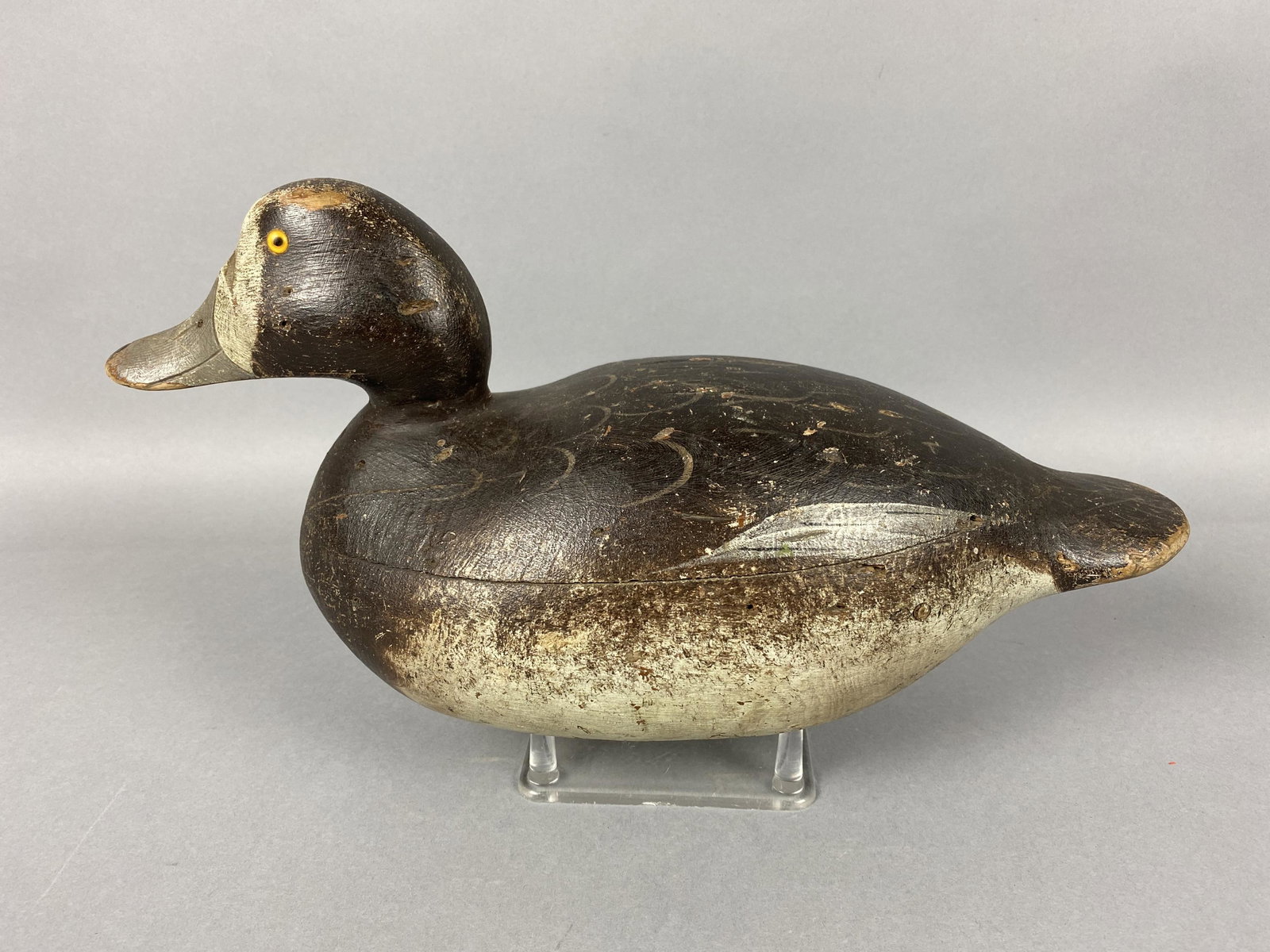 Mason Bluebill Hen Duck Decoy, Detroit, MI, premiere: Mason Bluebill Hen Duck Decoy, Detroit, MI, premiere grade, glass eyes, hollow body, mostly original paint w/some gunning wear & shot marks, replaced neck filler & body seam on right side, overall a g