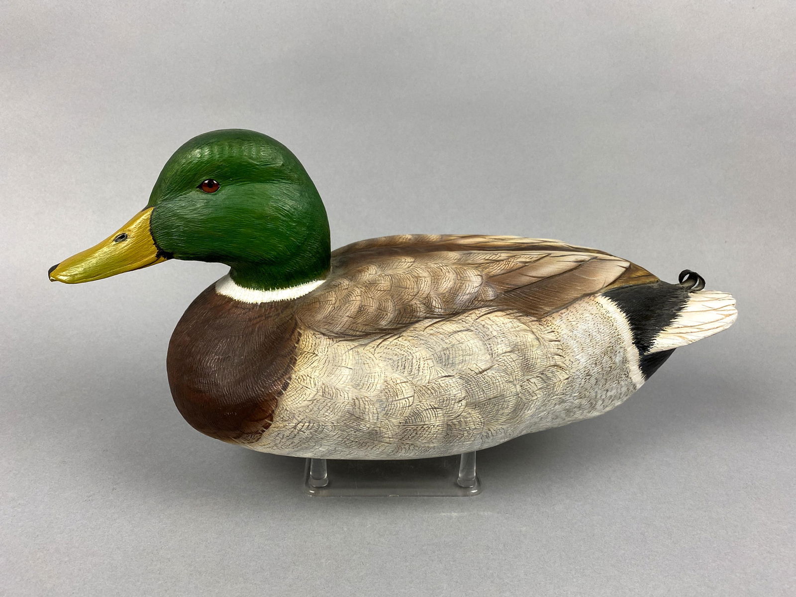 Bob Bolle Mallard Drake Duck Decoy, Roseville, MI,: Bob Bolle Mallard Drake Duck Decoy, Roseville, MI, glass eyes, hollow body, mint original paint w/excellent detail, relief carved feathers, nice form, head is turned slightly left, signed & dated 1980