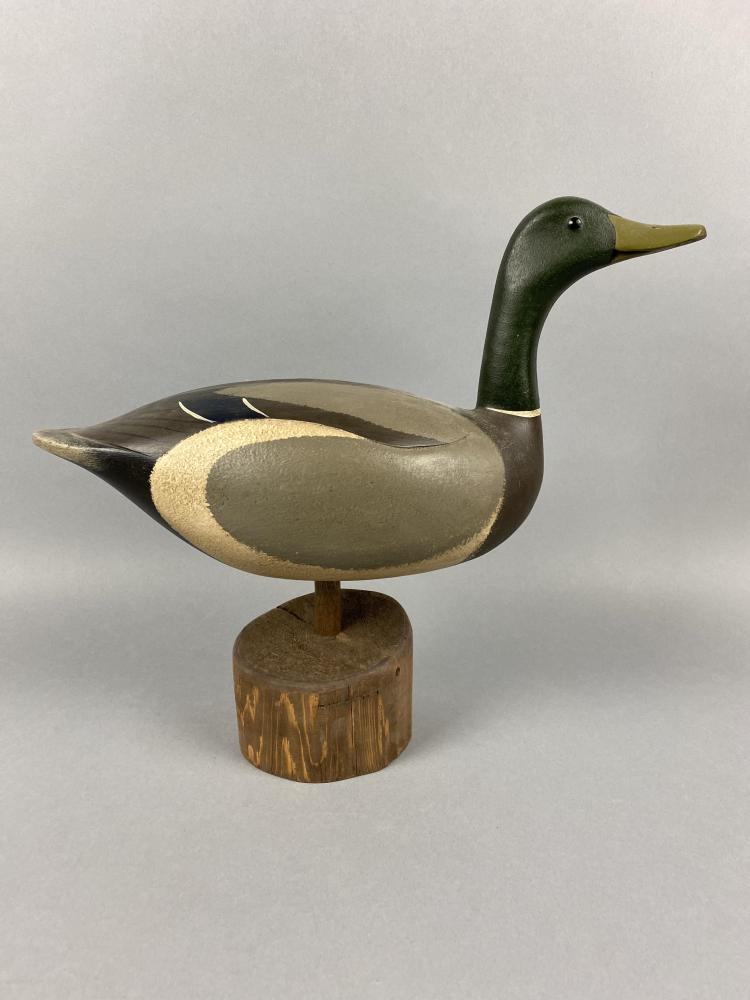 Patrick Gregory Mallard Drake Duck Decoy, Bloomington,: Patrick Gregory Mallard Drake Duck Decoy, Bloomington, IL, glass eyes, solid body, mint original paint, on wooden stand, head is turned slightly right, nice form, 17.5"L x 15"T, Est. 200 - 400