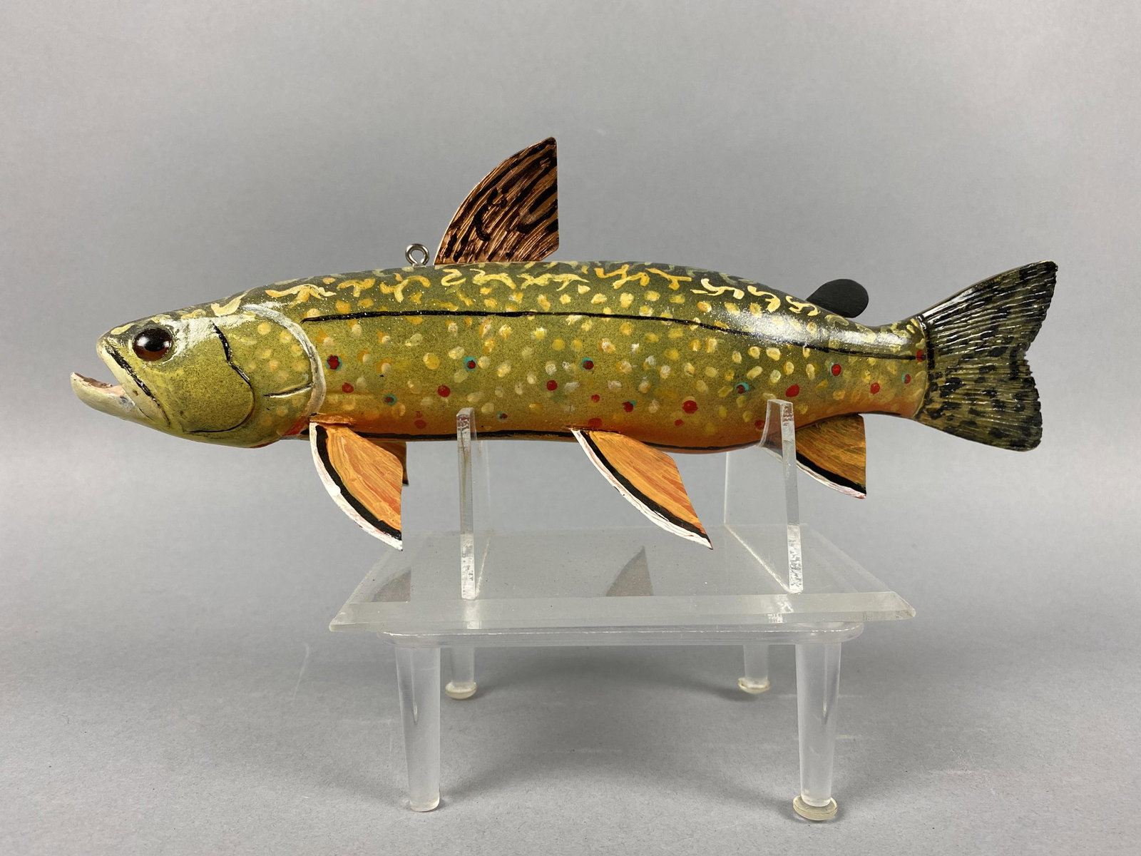Floyd "Red" Bruce Brook Trout Fish Spearing Decoy,: Floyd "Red" Bruce Brook Trout Fish Spearing Decoy, Gaylord, MI, glass eyes, carved tail & copper fins, curved body, excellent condition, relief carved gills & open mouth, 10"L, signed & #001 on bottom