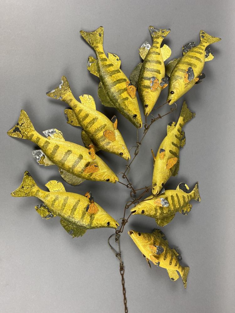 Mackatawa Bait Co Stringer of 9 Yellow Perch, hand: Mackatawa Bait Co Stringer of 9 Yellow Perch, hand carved & painted by Tony Smith of Holland, MI, glass eyes, metal tail & fins, original paint w/some flaking & wear, 1 perch has damage to lower jaw &