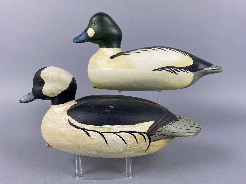 2 Bob Sanders Duck Decoys, Marcell, MN, 1 goldeneye & 1: 2 Bob Sanders Duck Decoys, Marcell, MN, 1 goldeneye & 1 bufflehead drake, glass eyes, solid bodies, excellent original paint, makers brand in lead weights on bottom, 13" & 14"L, est. 200 - 400