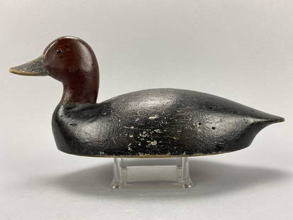 William Clarke Redhead Drake Duck Decoy: Toronto, ONT, glass eyes, solid body, working paint with some gunning wear & shot marks, age crack on right side of neck, head is turned left, 15.5"L, est. 150 - 250