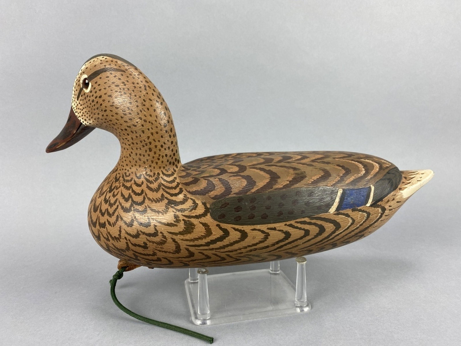 Mike Borrett Mallard Hen Duck Decoy: Madison, WI, glass eyes, hollow body, good original paint, head is turned right, makers brand & lead weight on bottom, 16"L, est. 150 - 250