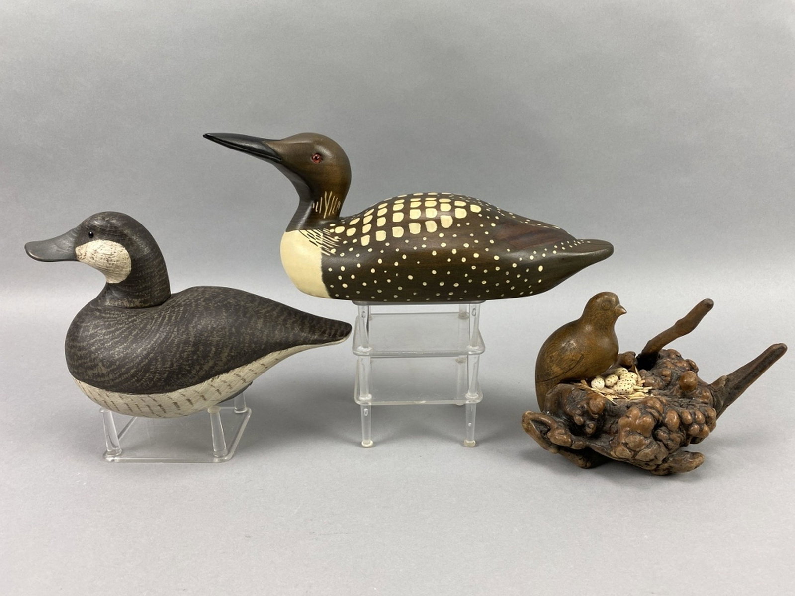 2 Decoys & Quail: 1 ruddy duck by Bill Porterfield, glass eyes, solid body, 10"L, 1 loon from the Decoy Shop, 1/3 sized, 12"L & 1 quail sitting on nest with eggs by unknown, est. 150 - 250