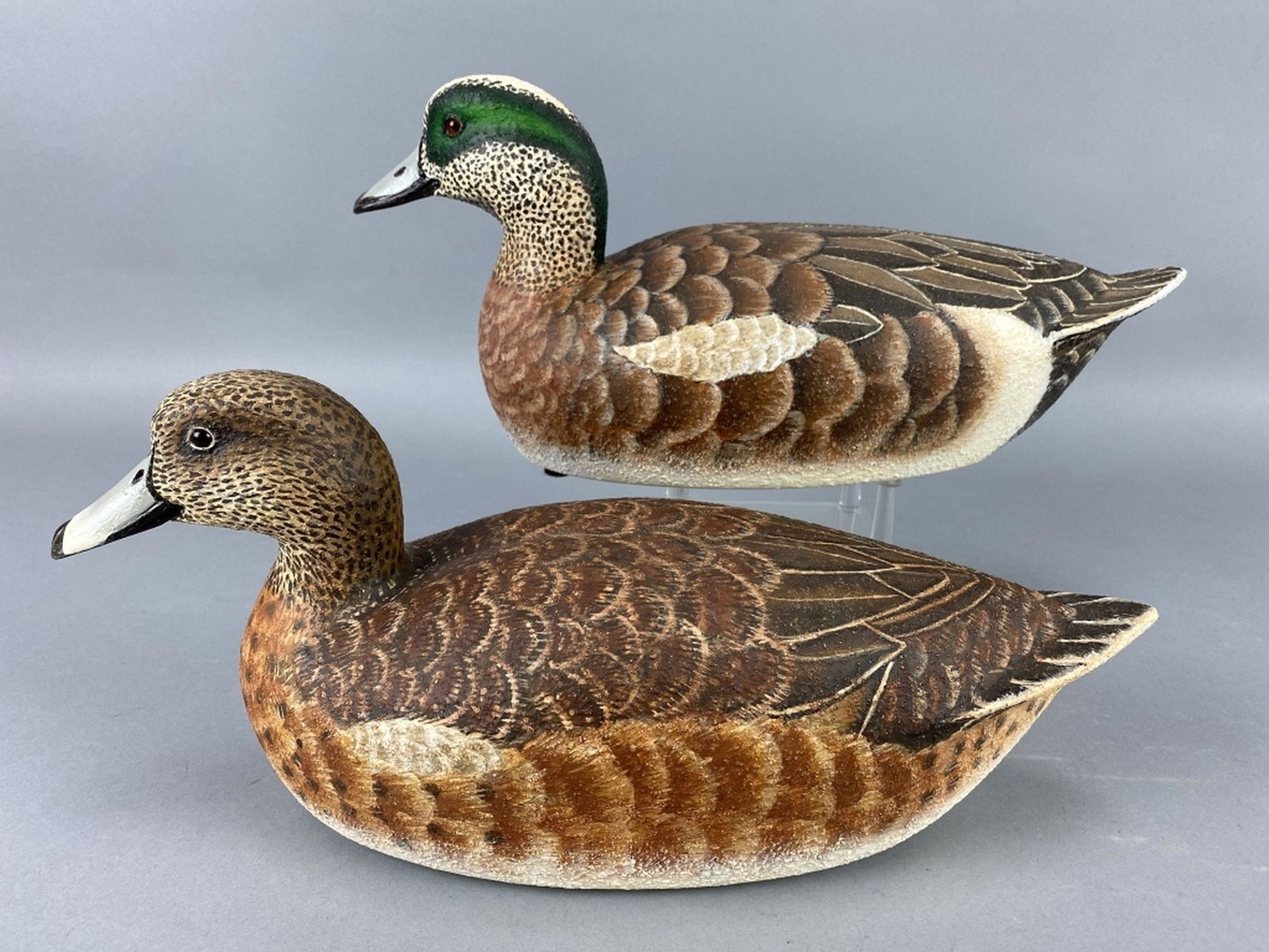 Heck Whittington Pr of Widgeon Duck Decoys: Oglesby, IL, glass eyes, hollow bodies, appears to be restored paint with unusual texture finish, makers brand & dated 1974 on bottom, Steve Weller Collection, 14.5"L, est. 300 - 500