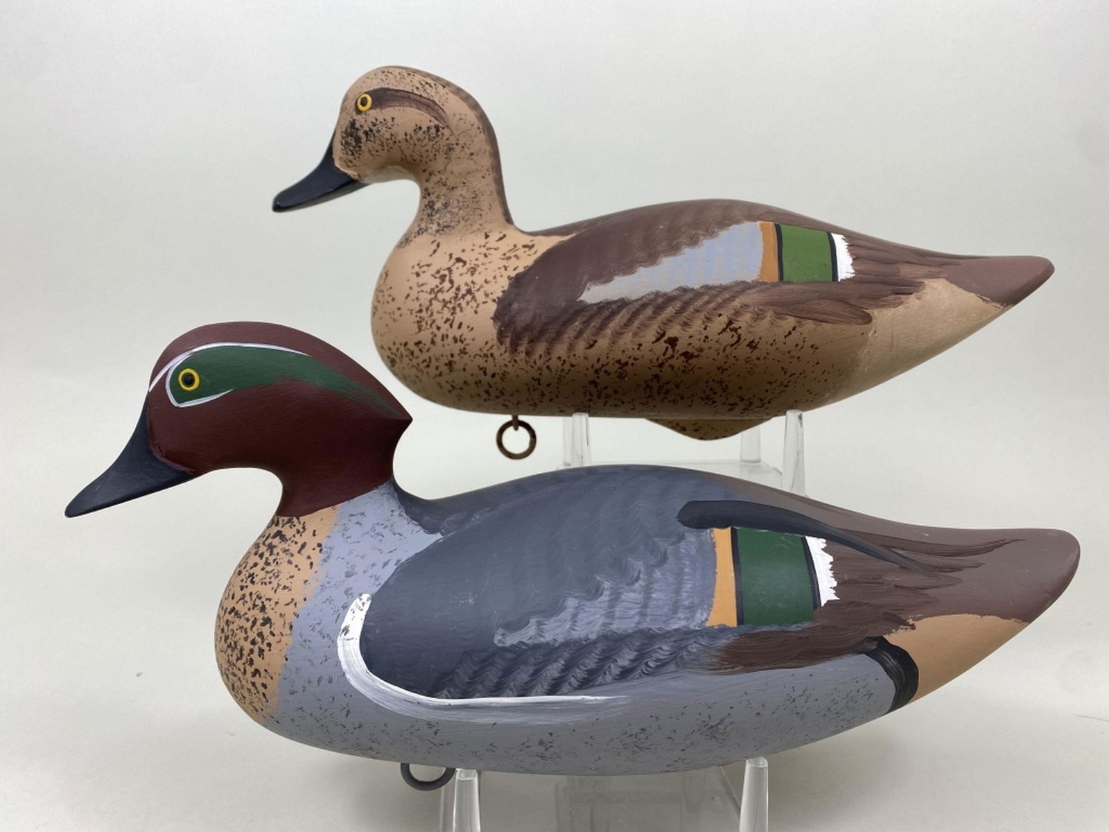 Capt. Harry Jobes Pr of Green-Winged Teal: Havre de Grace, MD, painted eyes, solid bodies, excellent original paint, near mint condition, makers signature on bottom, Steve Weller Collection, 13"L, est. 150 - 250