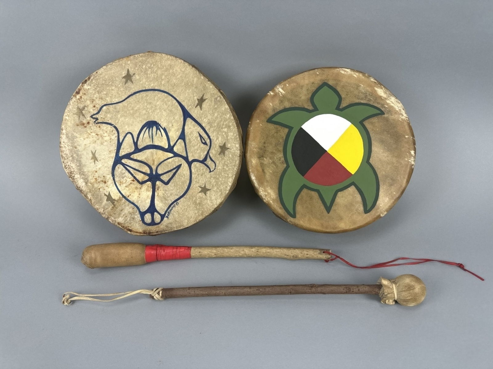 2 Native American Style Drums: with drumsticks, Ralph Kandt Collection, 12"Dia, est. Market Determined