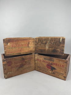 4 Wooden Ammo Boxes: 1 Wards Redhead Shells 12ga., 1 Peters, 1 Remington Express 20ga. & 1 Remington Nitro Express 12ga., lengths range 14"L - 15"L x 9"W, Terry Smart Collection, est. Market Determined