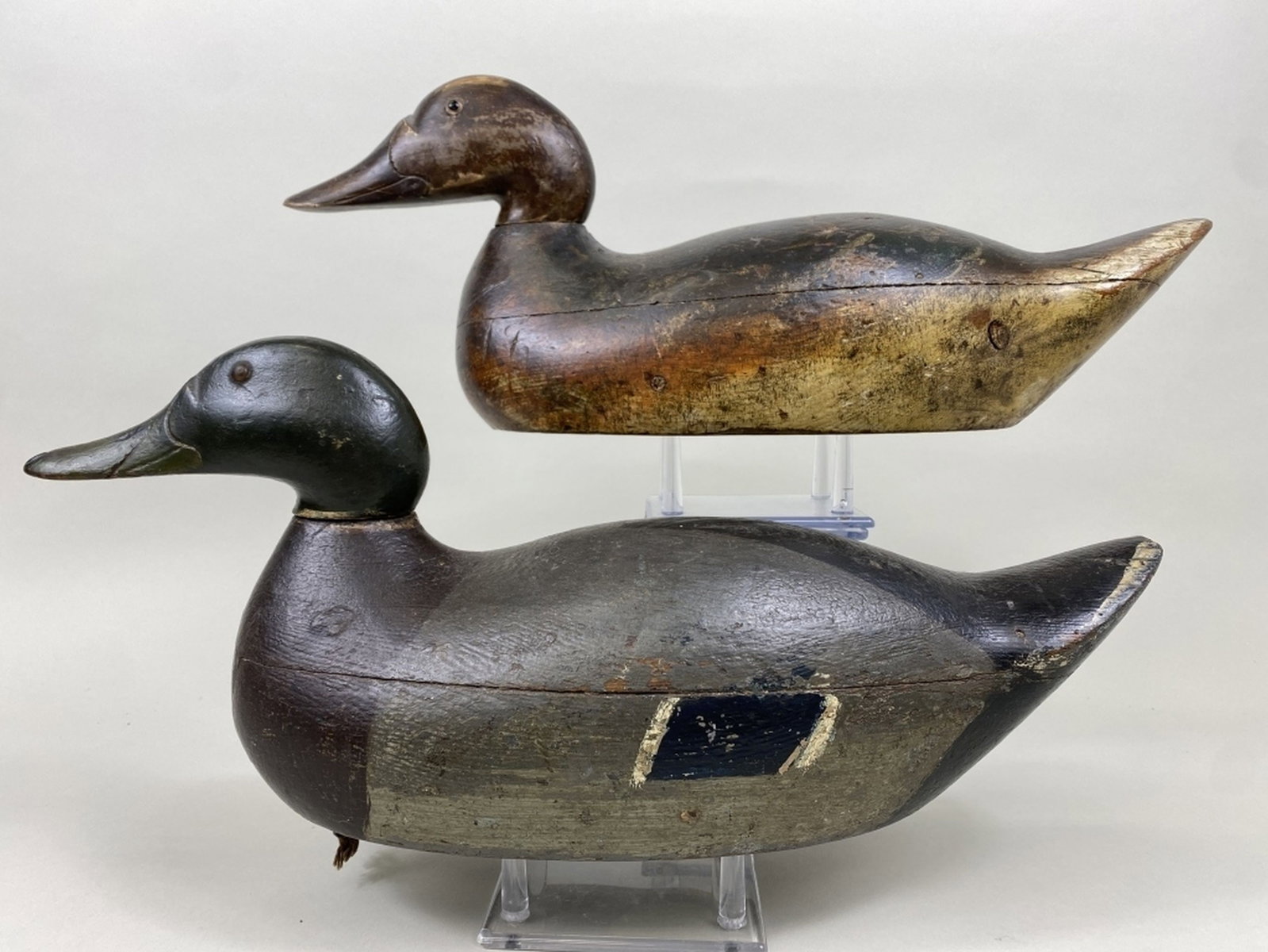 Mason Pr of Mallard Duck Decoys: Detroit, MI, premier grade, glass eyes, hollow bodies, hen is in mostly original paint with replaced eyes, head possibly replaced, age cracks, factory repair, drake repainted, "JM" on bottom & "M" car